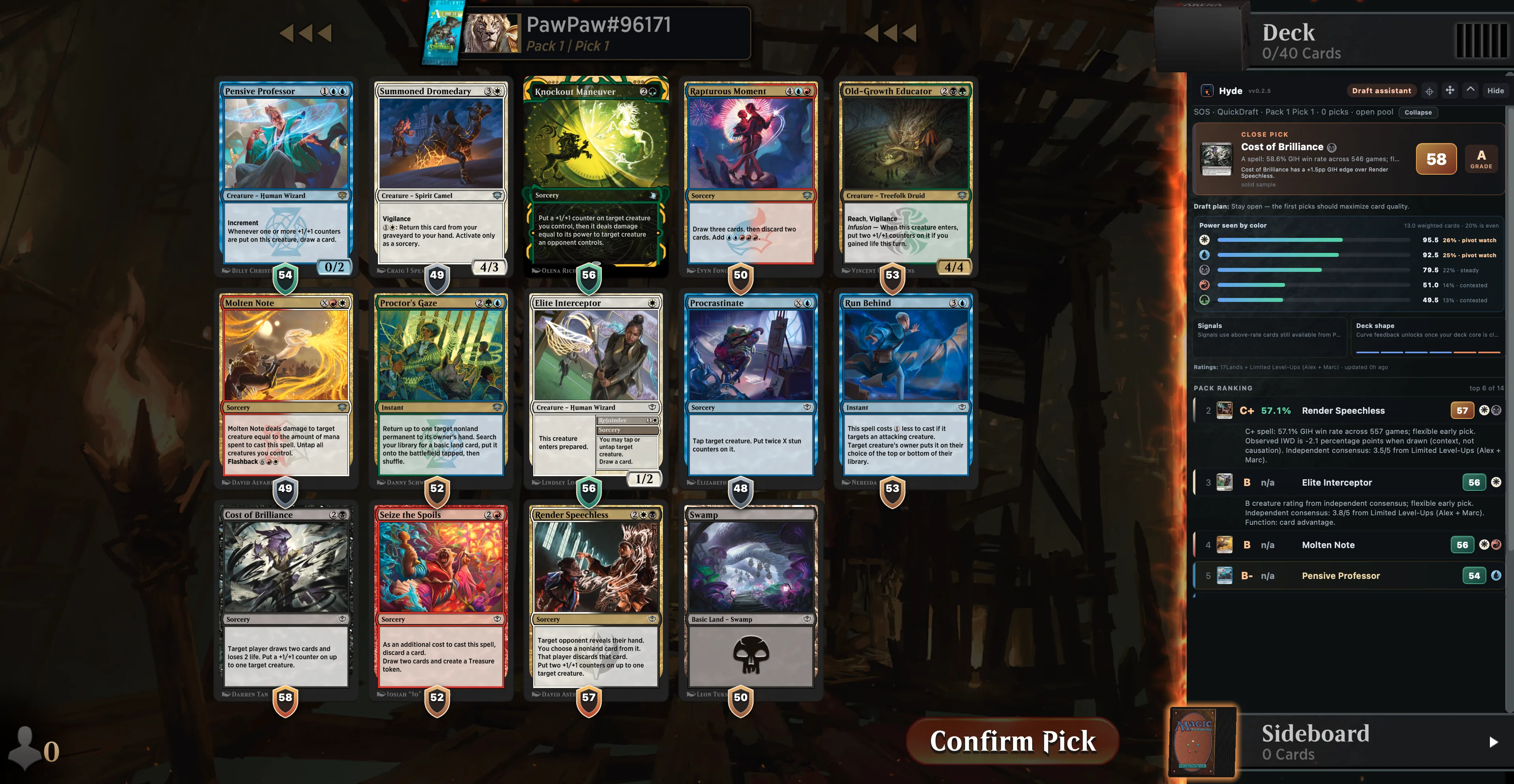 Hyde draft assistant ranking a live MTG Arena pack during pick 1